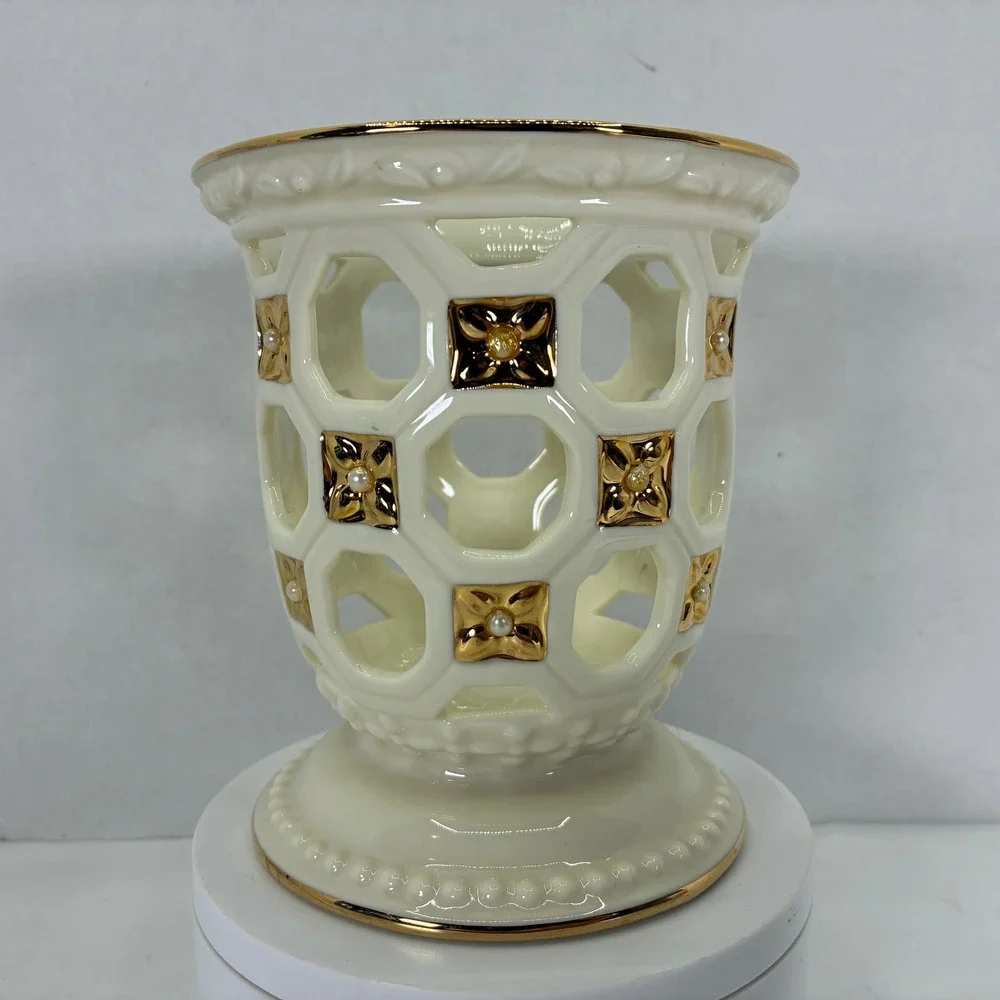 Lenox Illuminations Florentine & Pearl Votive Candle Holder Ivory Gold 5in